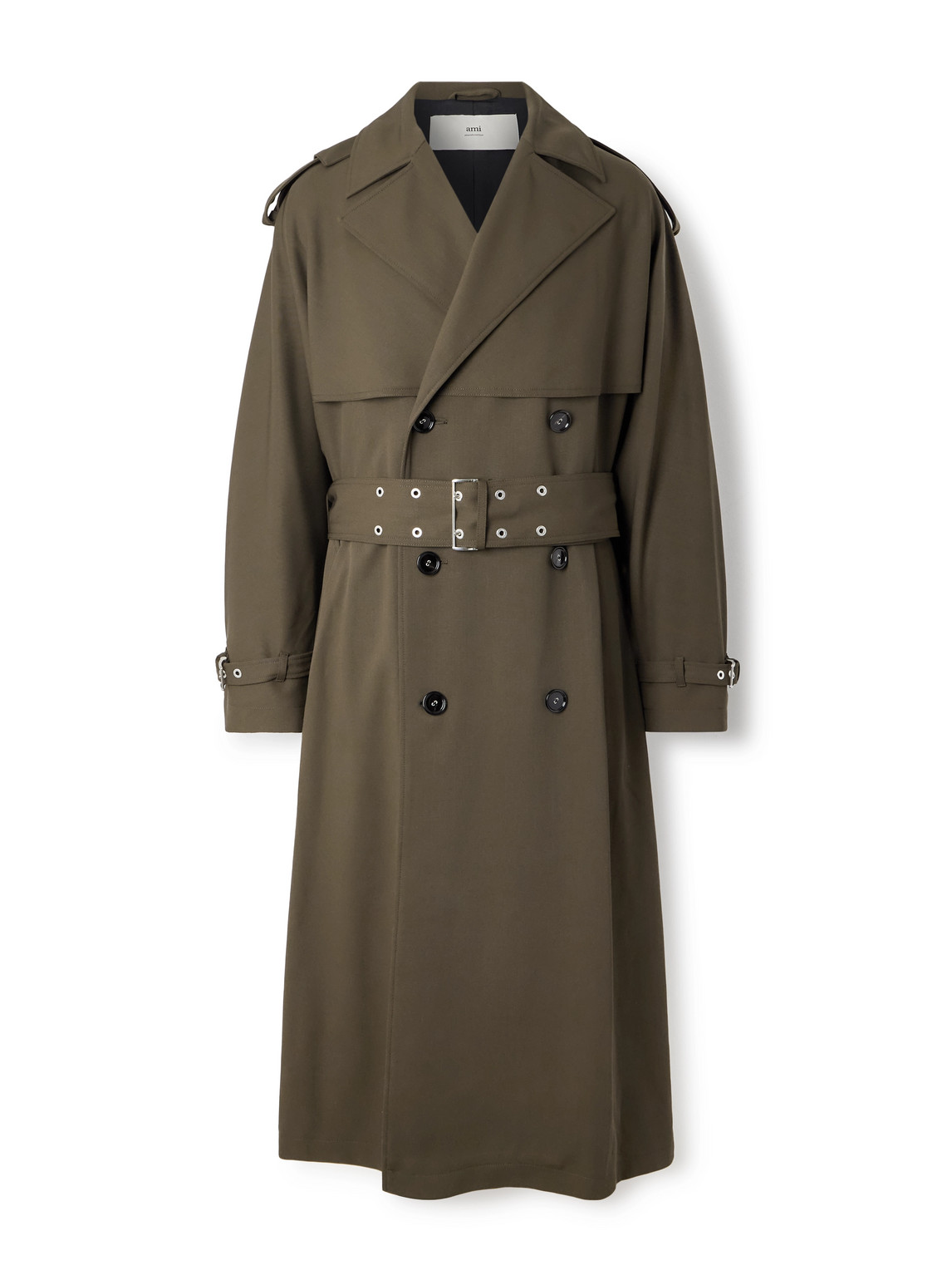 Ami Alexandre Mattiussi Double-breasted Belted Virgin Wool-gabardine Trench Coat In Green