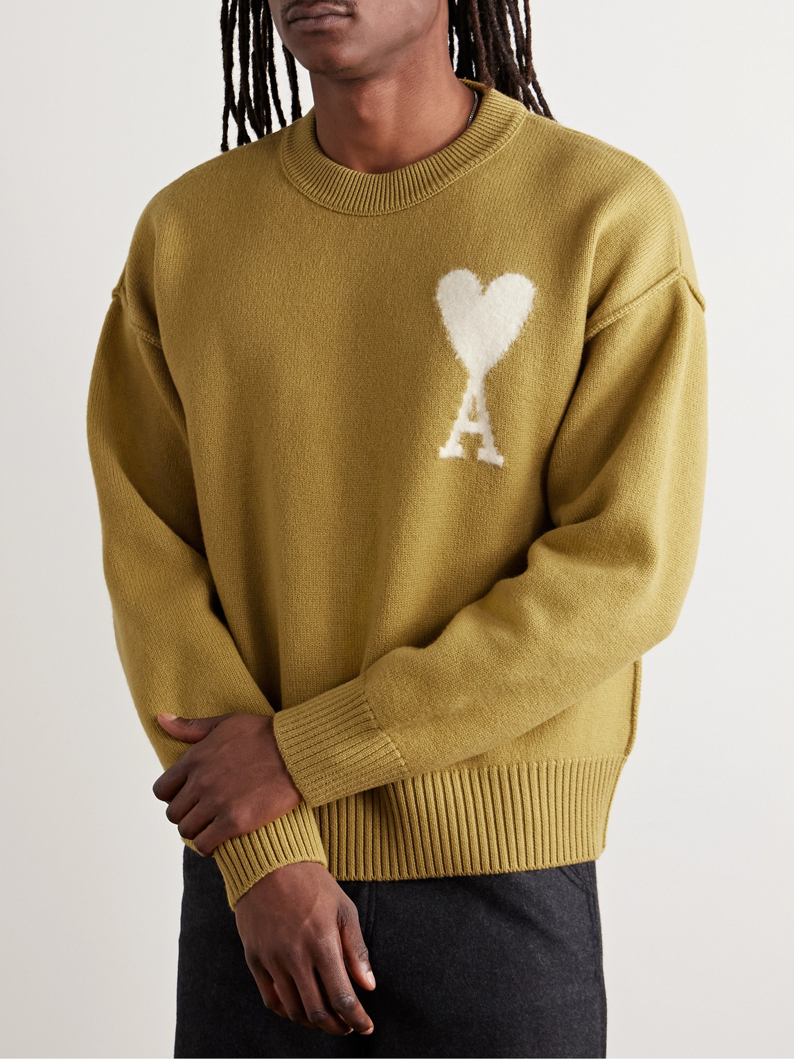 Shop Ami Alexandre Mattiussi Logo-intarsia Virgin Wool Sweater In Yellow