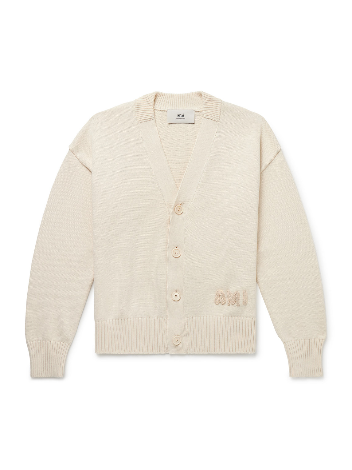 Shop Ami Alexandre Mattiussi Logo-embroidered Organic Cotton And Wool-blend Cardigan In Neutrals