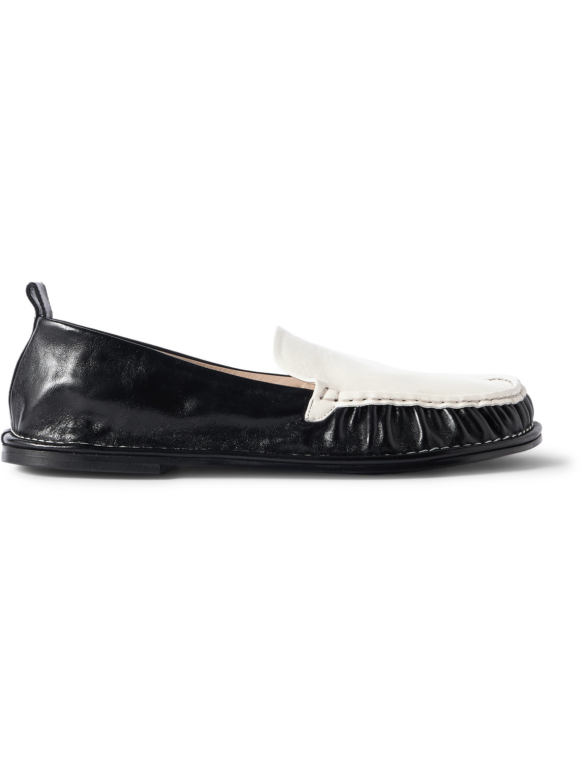 Midi Gathered Two-Tone Glossed-Leather Loafers