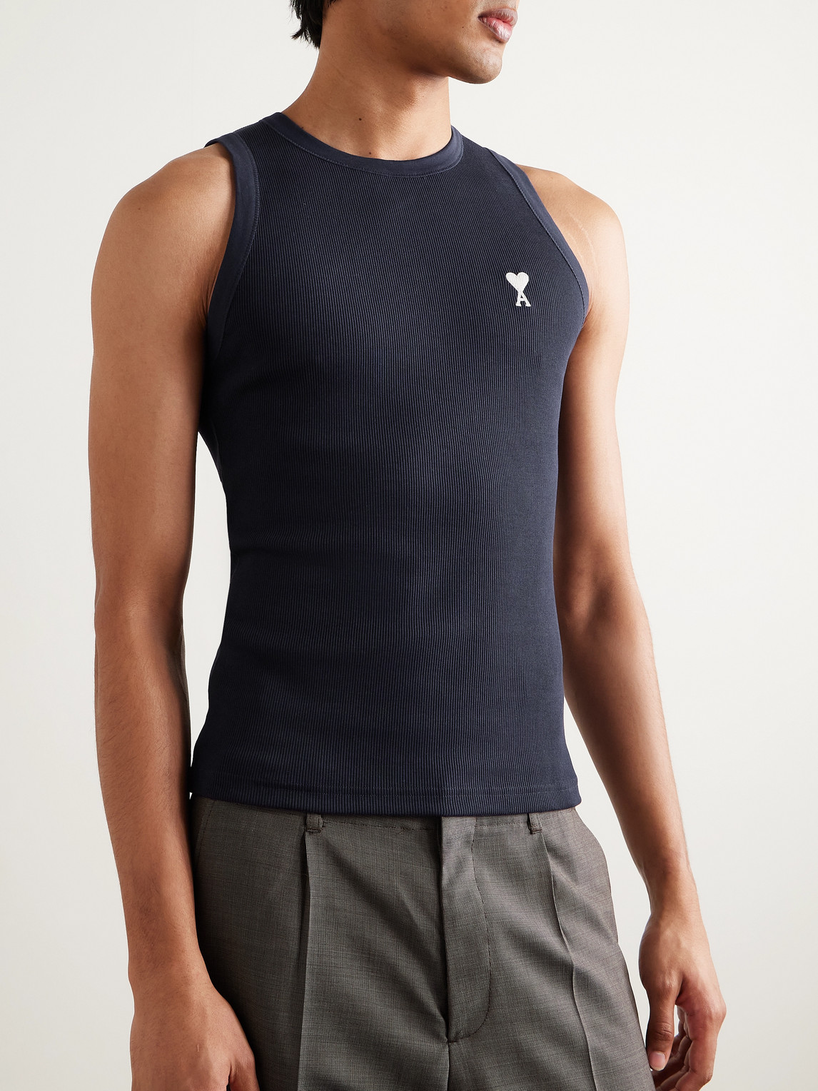 AMI ALEXANDRE MATTIUSSI ADC LOGO-EMBROIDERED RIBBED STRETCH ORGANIC COTTON TANK TOP