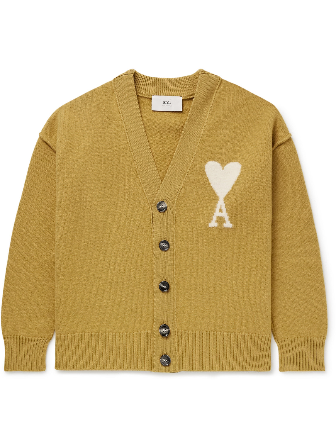 Ami Alexandre Mattiussi Adc Logo-intarsia Virgin Wool Cardigan In Yellow