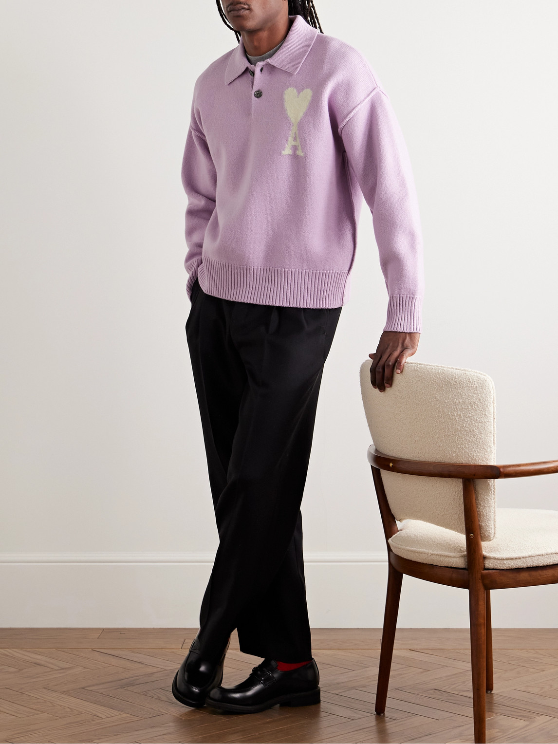 Shop Ami Alexandre Mattiussi Logo-intarsia Virgin Wool Polo Shirt In Purple