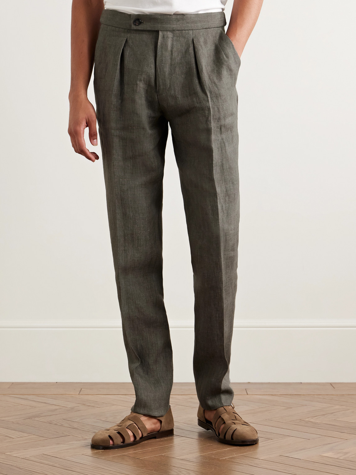 Incotex Venezia 1951 Slim-fit Tapered Pleated Linen Suit Trousers In Green