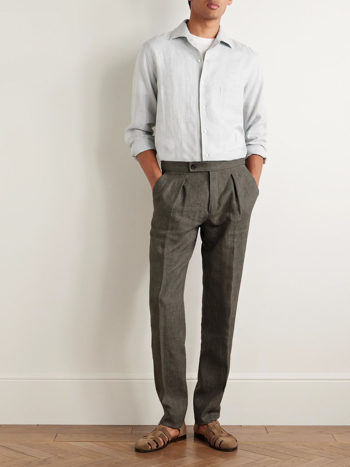 Incotex Venezia 1951 Slim-fit Tapered Pleated Linen Suit Trousers In Green