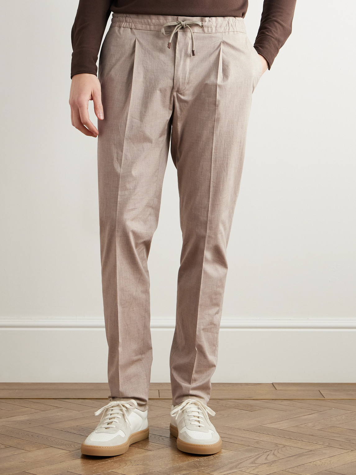 Incotex Venezia 1951 Slim-fit Tapered Pleated Striped Cotton-blend Trousers In Neutrals