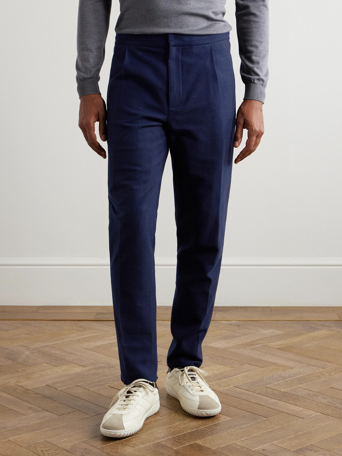 Incotex Zanone Slim-fit Straight-leg Pleated Cotton Trousers In Blue