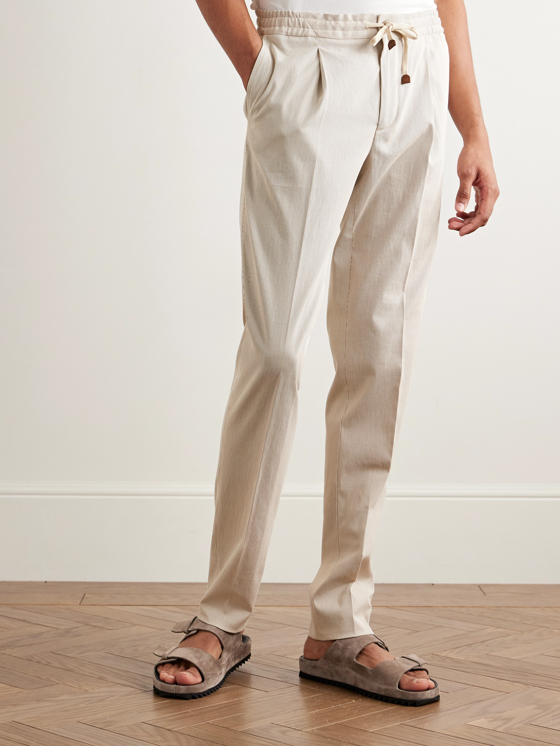 Incotex Venezia 1951 Tapered Pleated Striped Cotton Drawstring Trousers In Neutrals