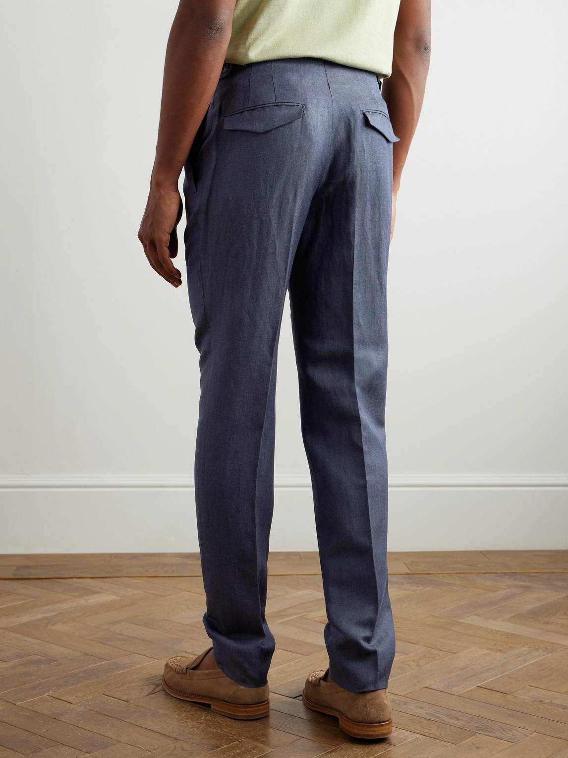 Incotex Venezia 1951 Tapered Pleated Linen, Wool And Silk-blend Trousers In Blue