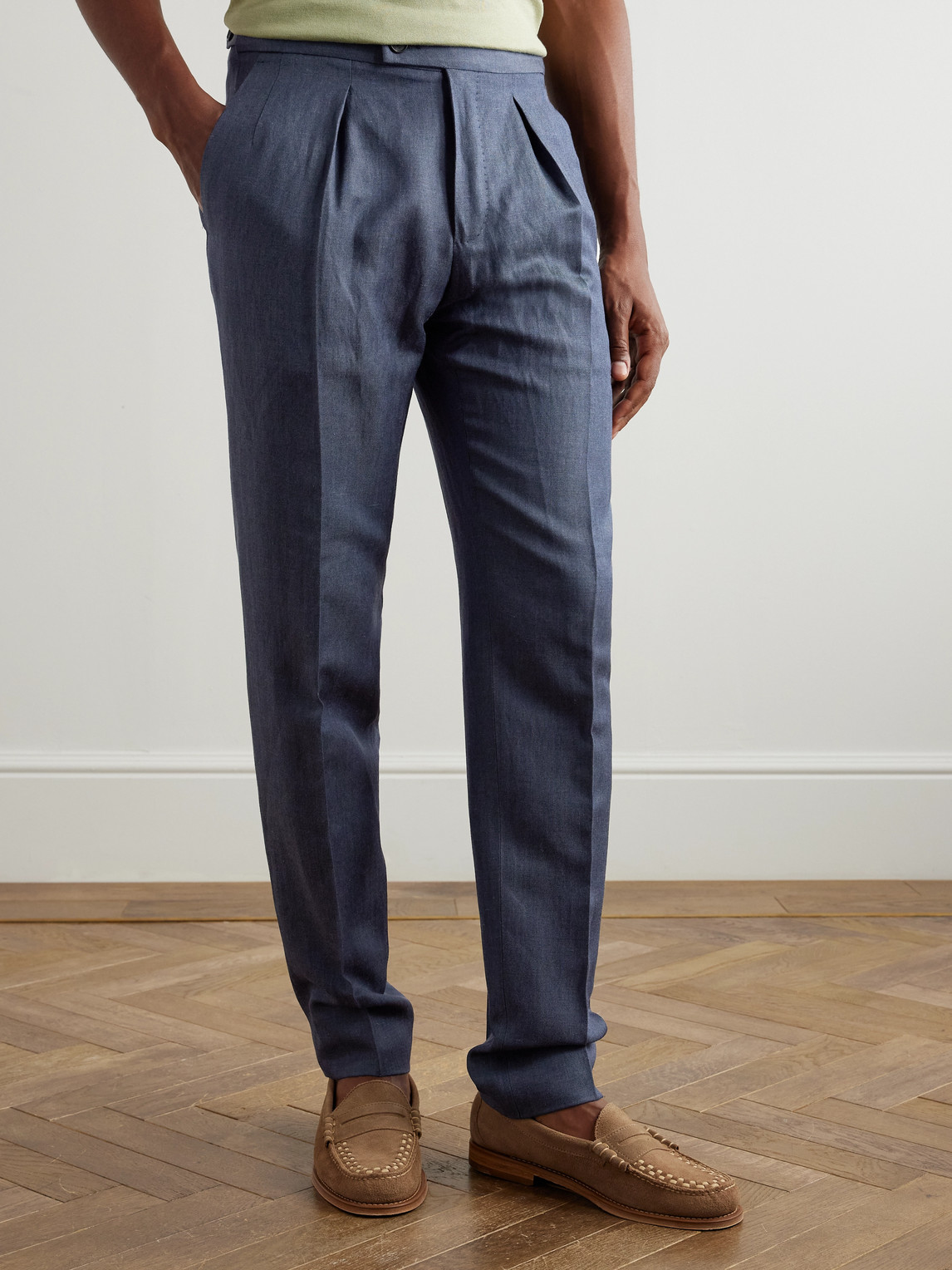 Incotex Venezia 1951 Tapered Pleated Linen, Wool And Silk-blend Trousers In Blue