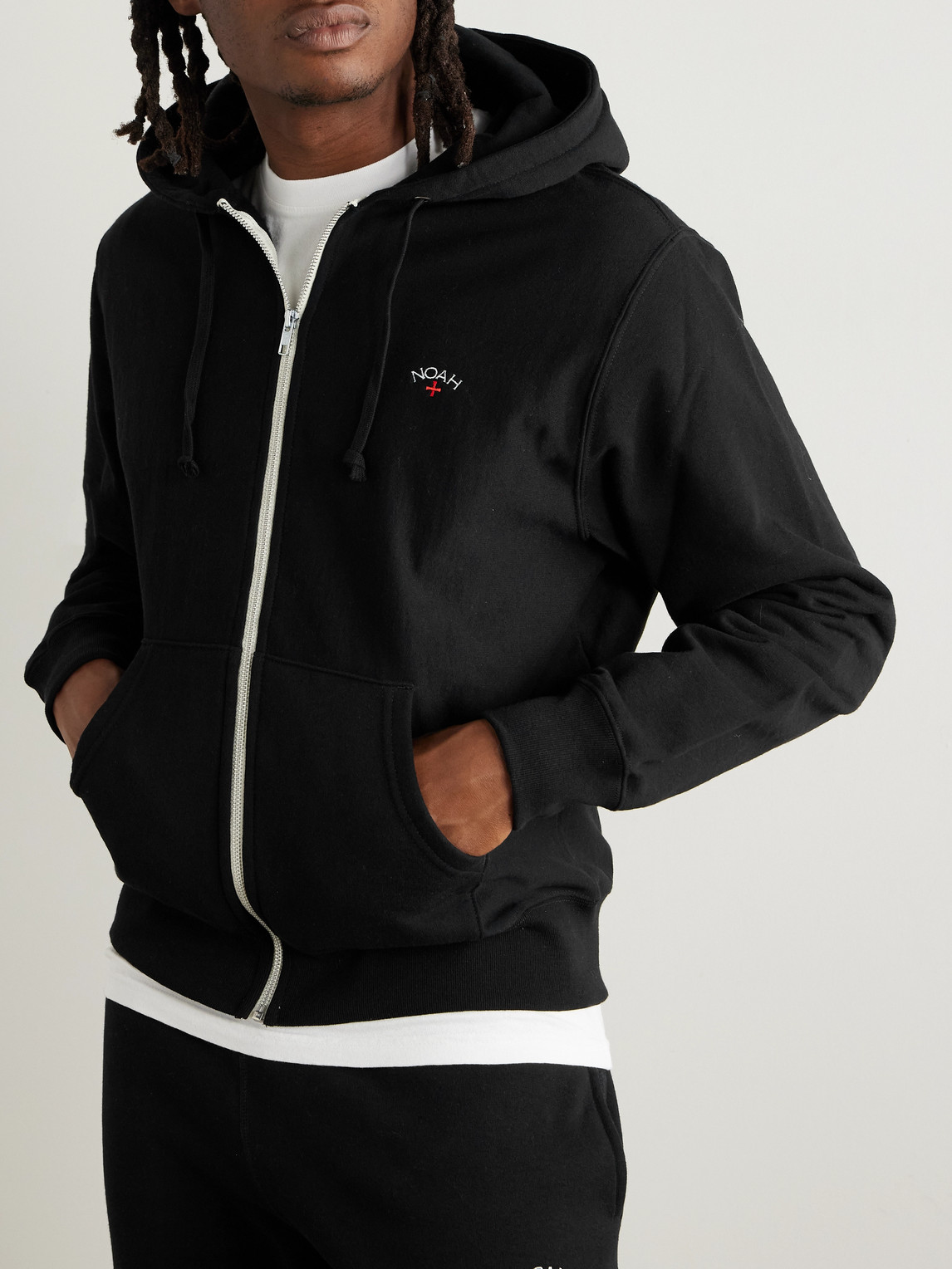 Shop Noah Logo-embroidered Cotton-jersey Zip-up Hoodie In Black
