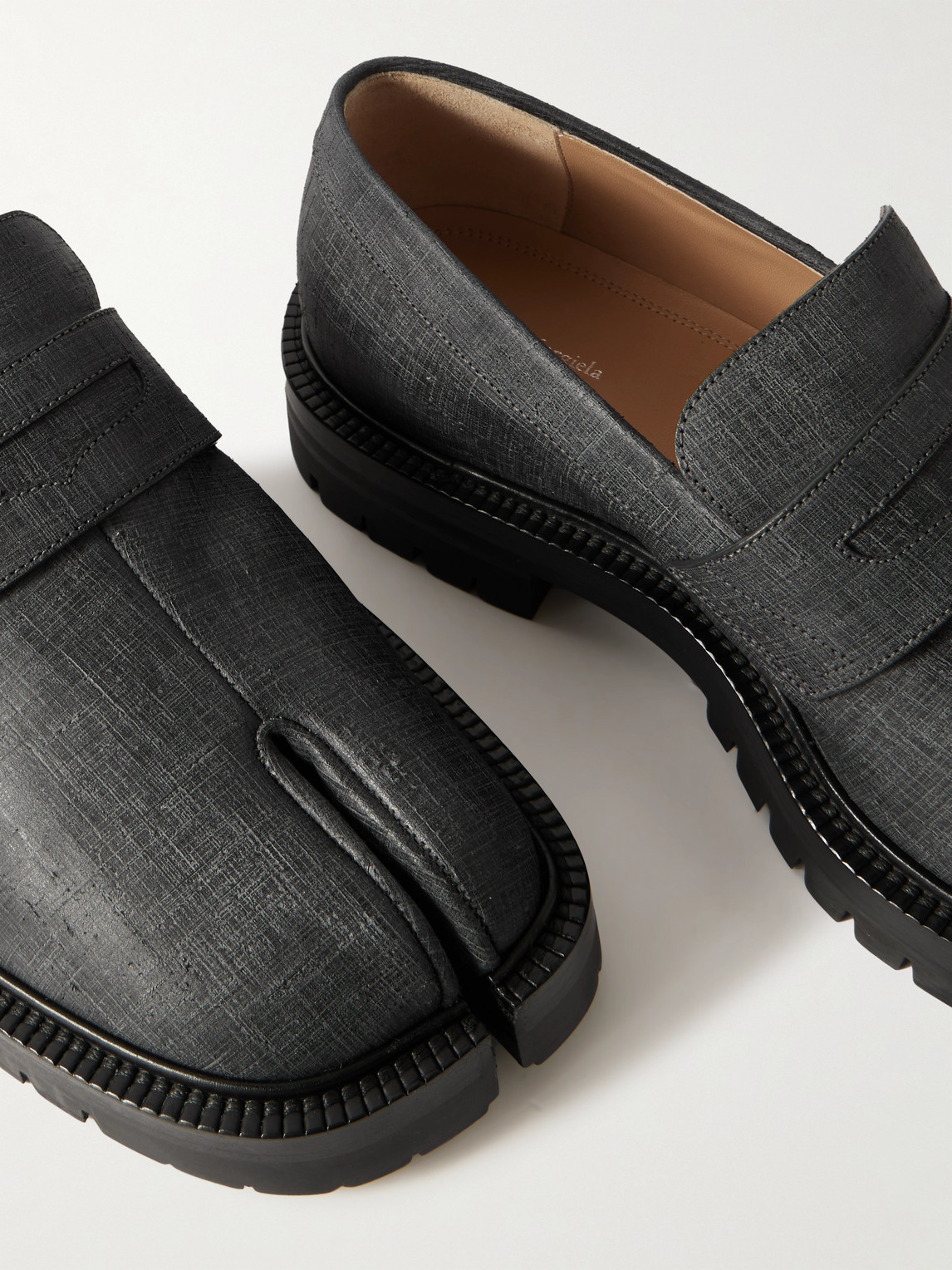 Maison Margiela Tabi County Split-toe Distressed Textured-leather Penny Loafers In Gray