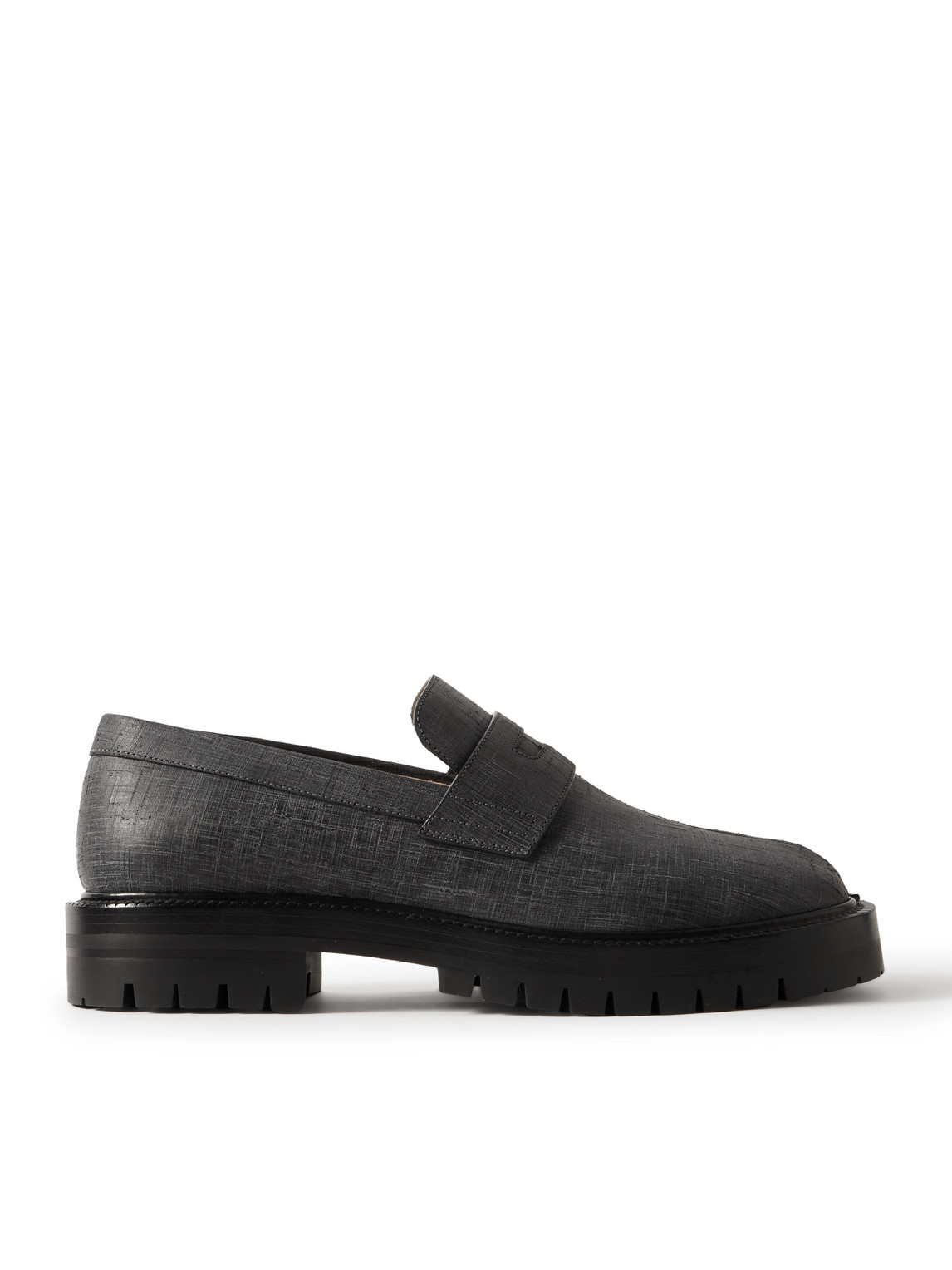 Maison Margiela Tabi County Split-toe Distressed Textured-leather Penny Loafers In Grey