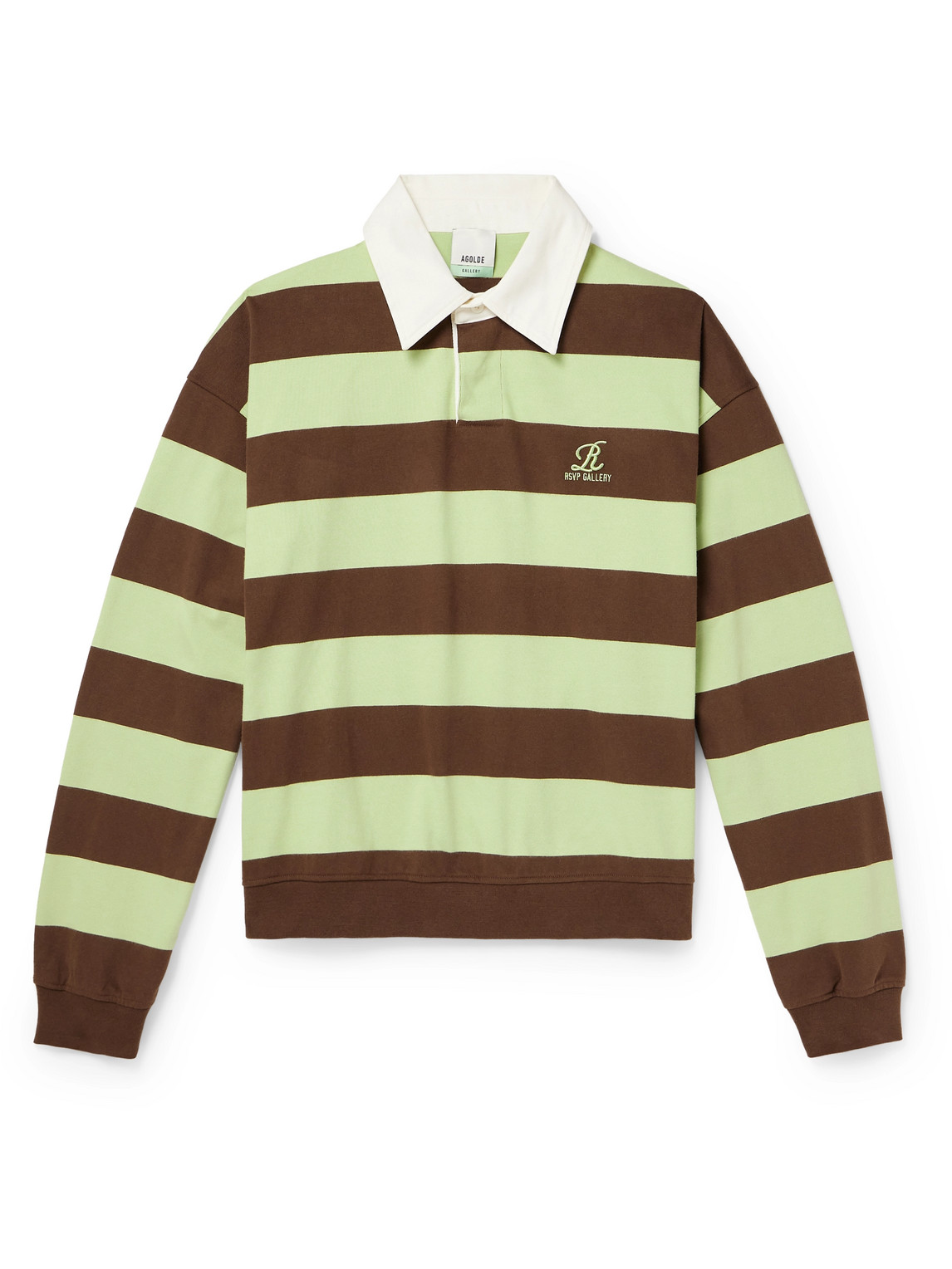 Agolde Rsvp Logo-embroidered Striped Cotton Rugby Shirt In Green