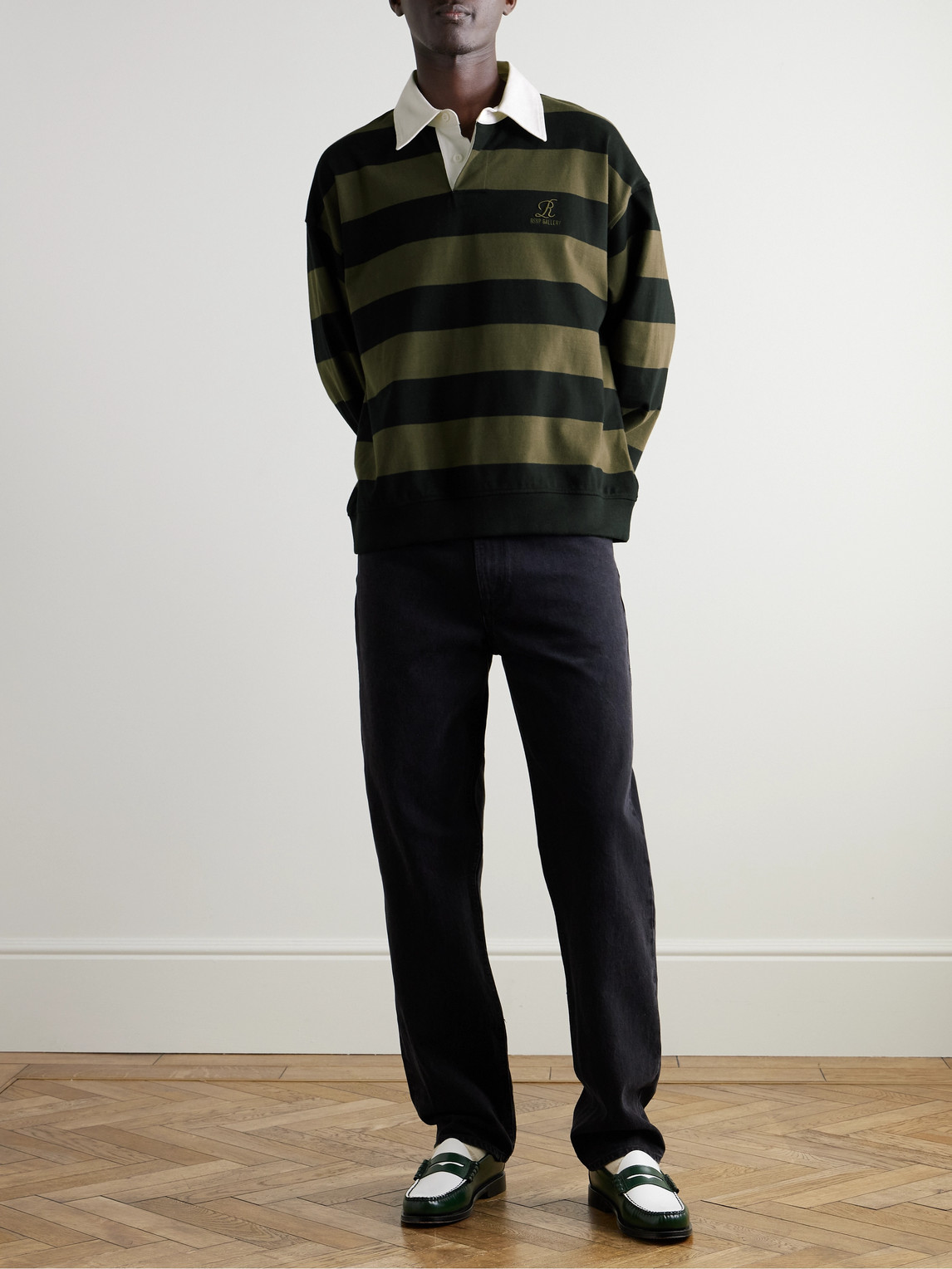 Agolde Rsvp Logo-embroidered Striped Cotton Rugby Shirt In Green