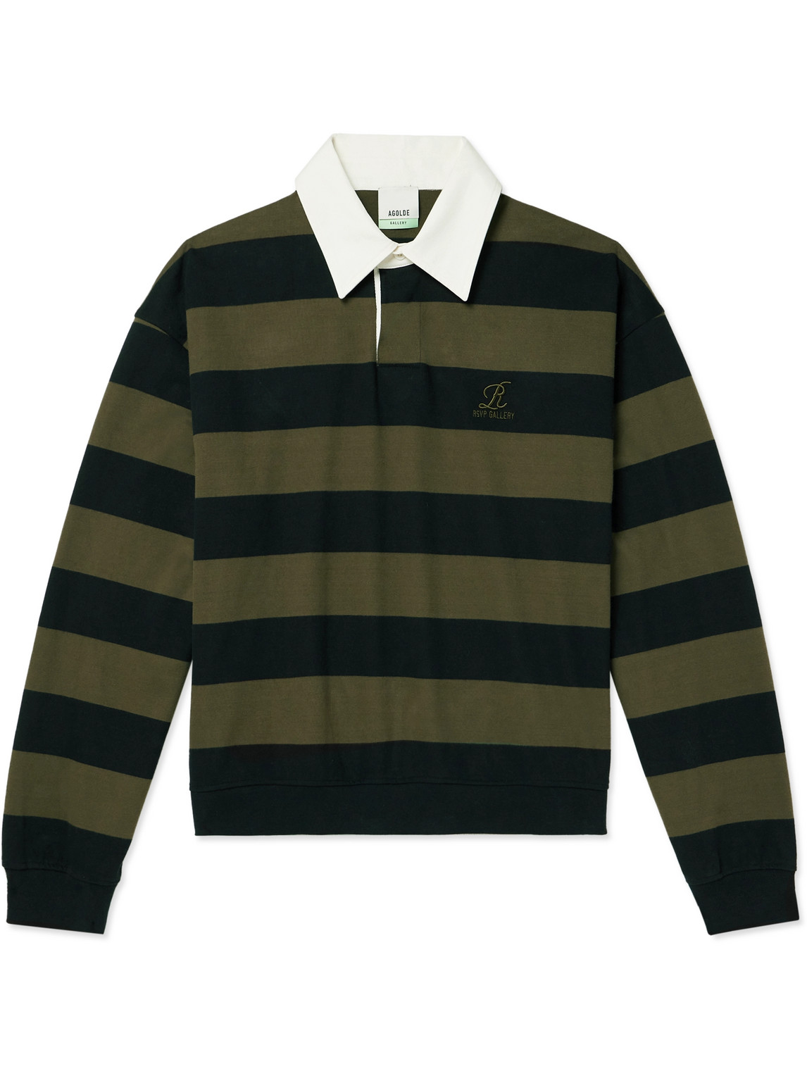Agolde Rsvp Logo-embroidered Striped Cotton Rugby Shirt In Green