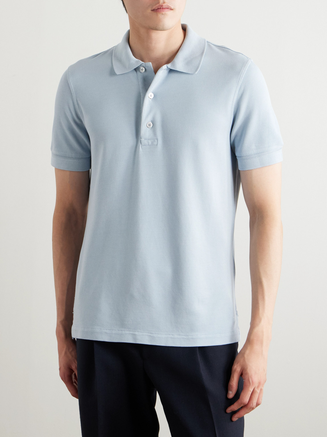 Tom Ford Lyocell And Cotton-blend Piqué Polo Shirt In Blue