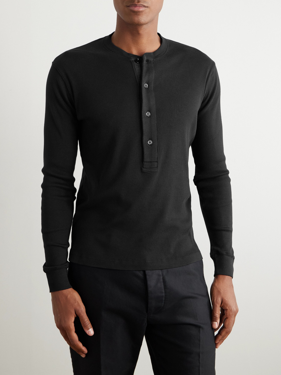 Tom Ford Slim-fit Ribbed Cotton And Modal-blend Jersey Henley T-shirt In Black