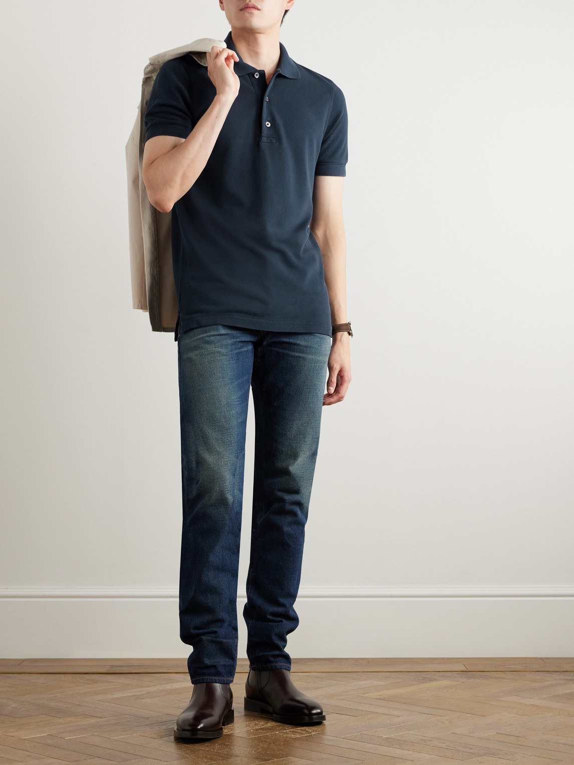 Tom Ford Midnight Cotton Blend Polo In Blue
