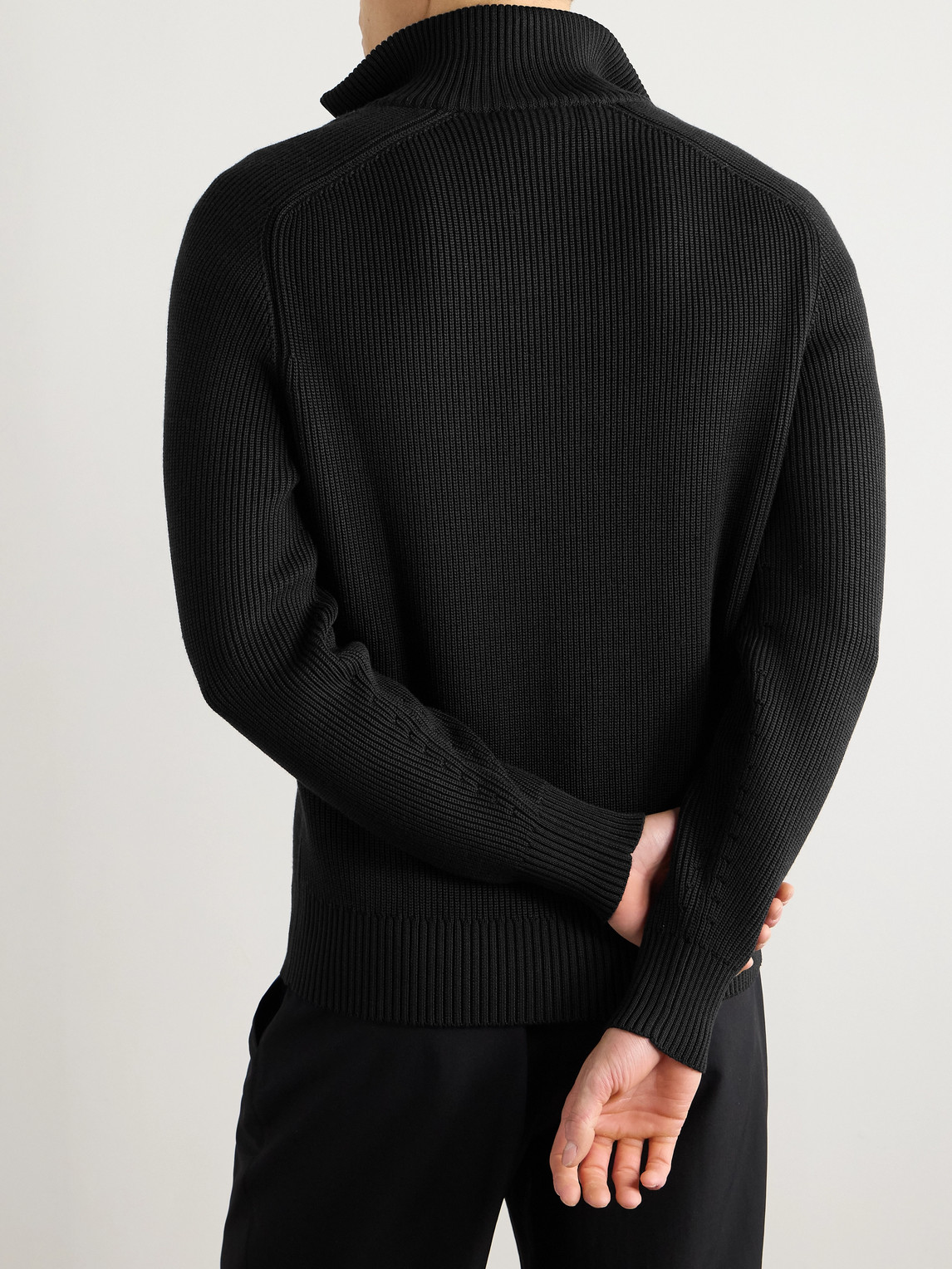 Tom Ford Slim-fit Ribbed Silk And Merino Wool-blend Half-zip Sweater In Black