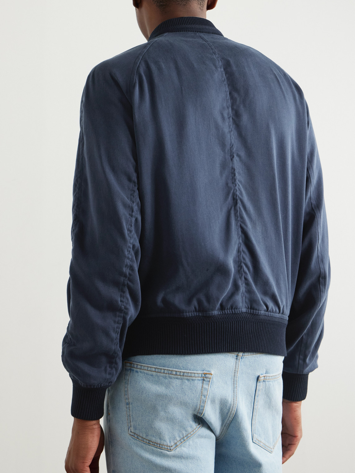 Tom Ford Leather-trimmed Lyocell-twill Bomber Jacket In Blue