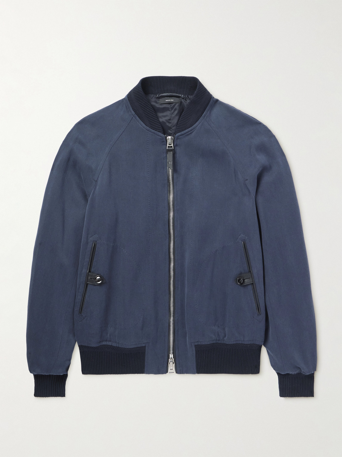 Tom Ford Leather-trimmed Lyocell-twill Bomber Jacket In Blue