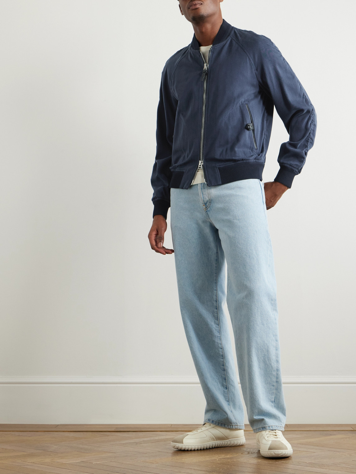 Tom Ford Leather-trimmed Lyocell-twill Bomber Jacket In Blue