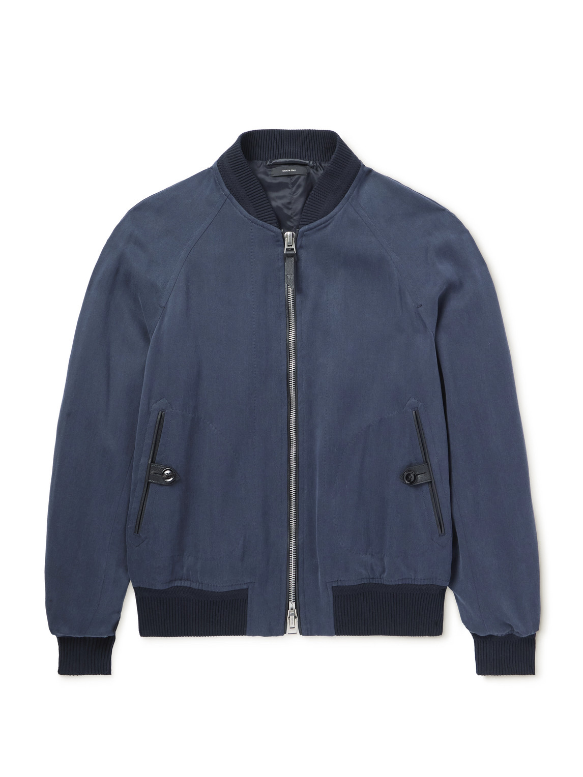 Tom Ford Leather-trimmed Lyocell-twill Bomber Jacket In Blue