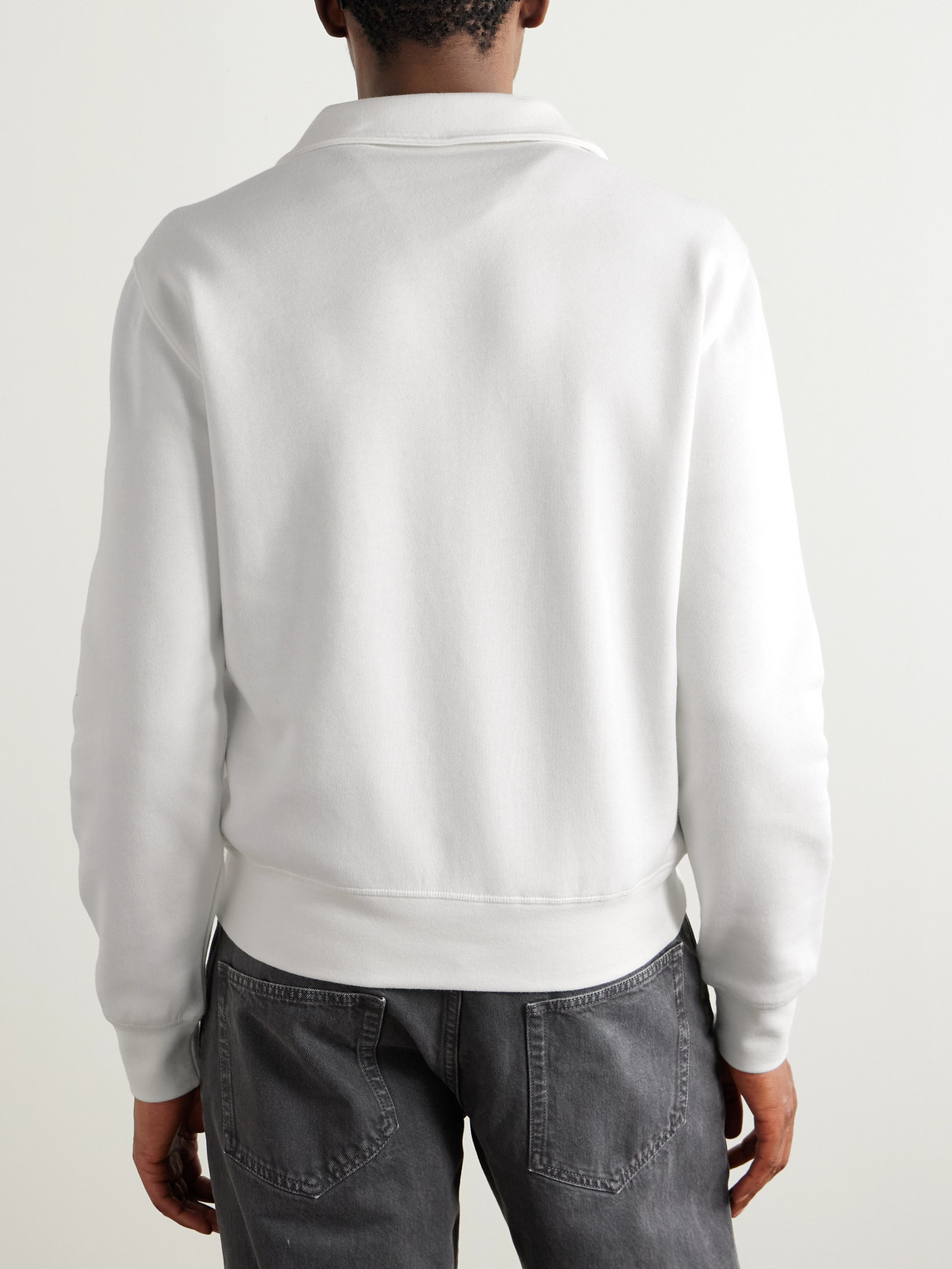 Tom Ford Leather-trimmed Cotton And Cashmere-blend Jersey Half-zip Sweatshirt In White