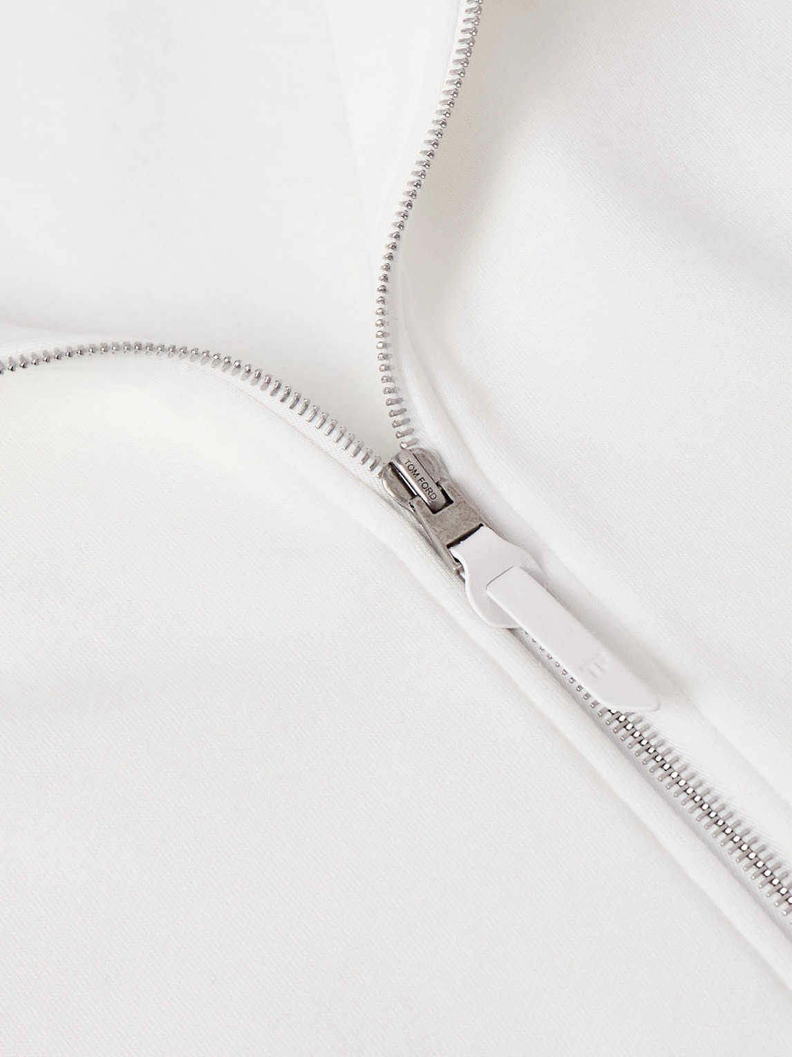 Tom Ford Leather-trimmed Cotton And Cashmere-blend Jersey Half-zip Sweatshirt In White