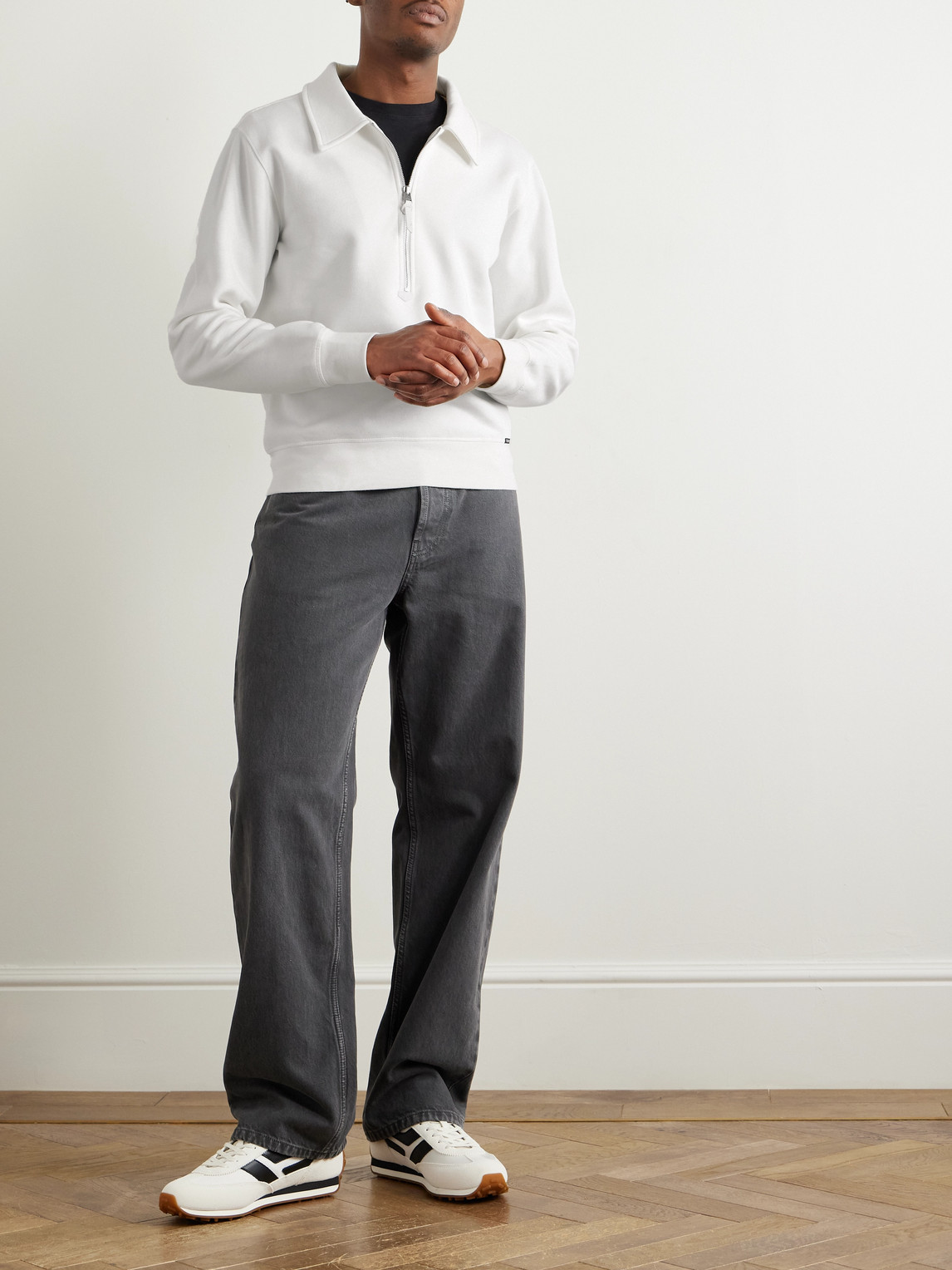 Tom Ford Leather-trimmed Cotton And Cashmere-blend Jersey Half-zip Sweatshirt In White