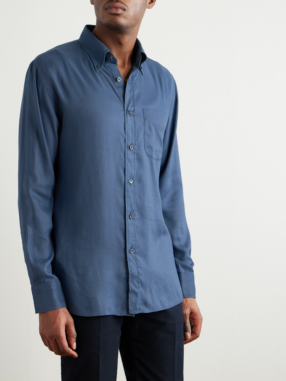 Tom Ford Button-down Collar Garment-dyed Lyocell Shirt In Blue