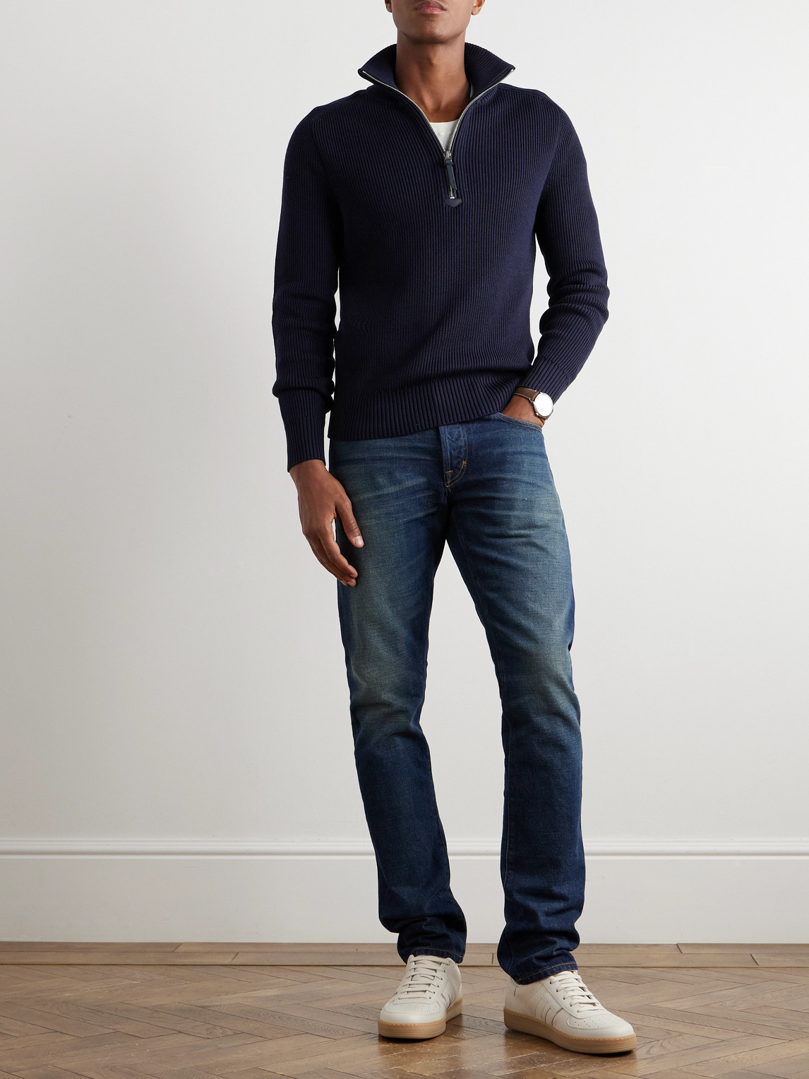 Tom Ford Slim-fit Ribbed Silk And Merino Wool-blend Half-zip Sweater In Blue