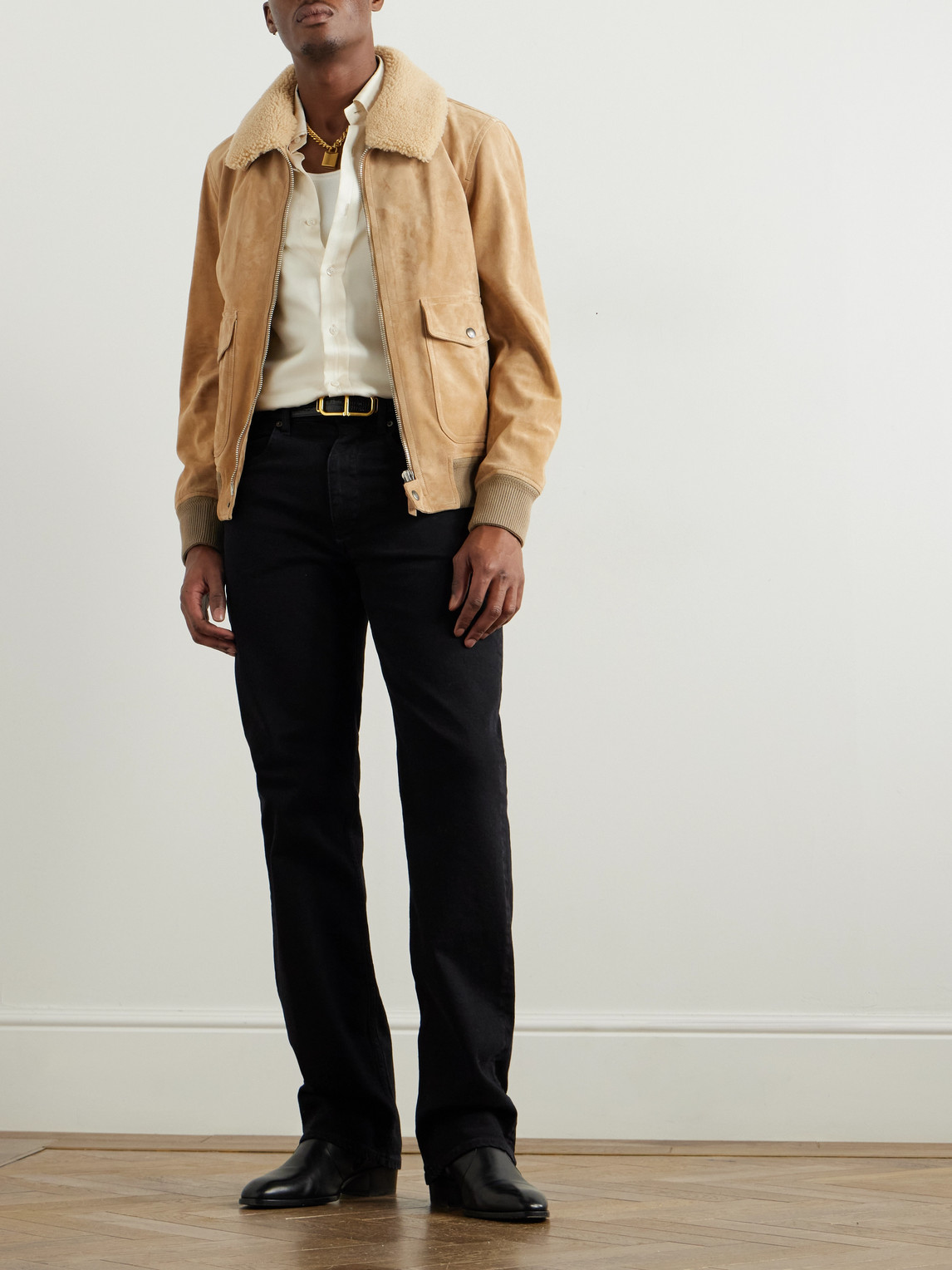 Tom Ford Shearling-trimmed Suede Bomber Jacket In Neutrals