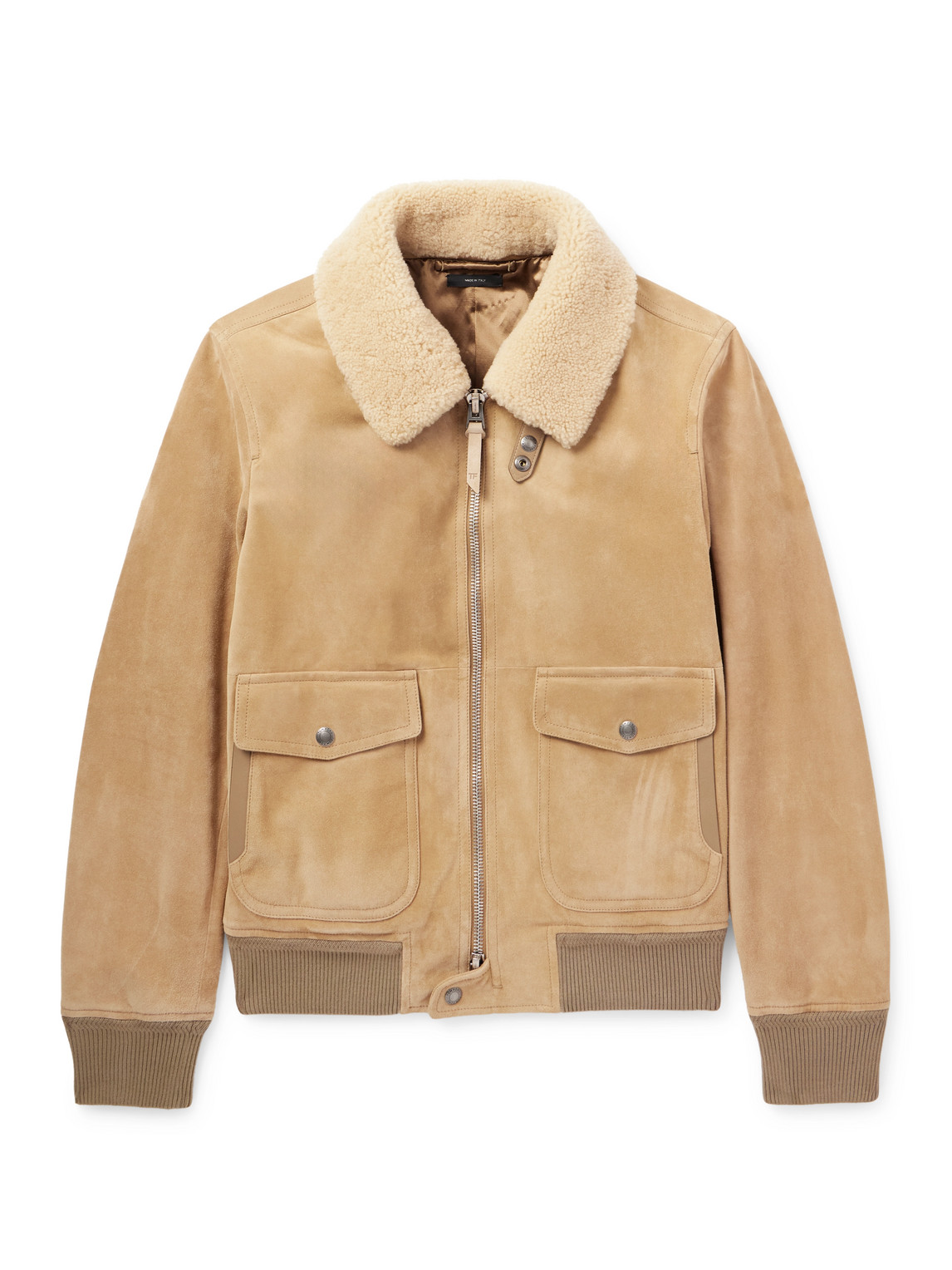 Tom Ford Shearling-trimmed Suede Bomber Jacket In Neutrals