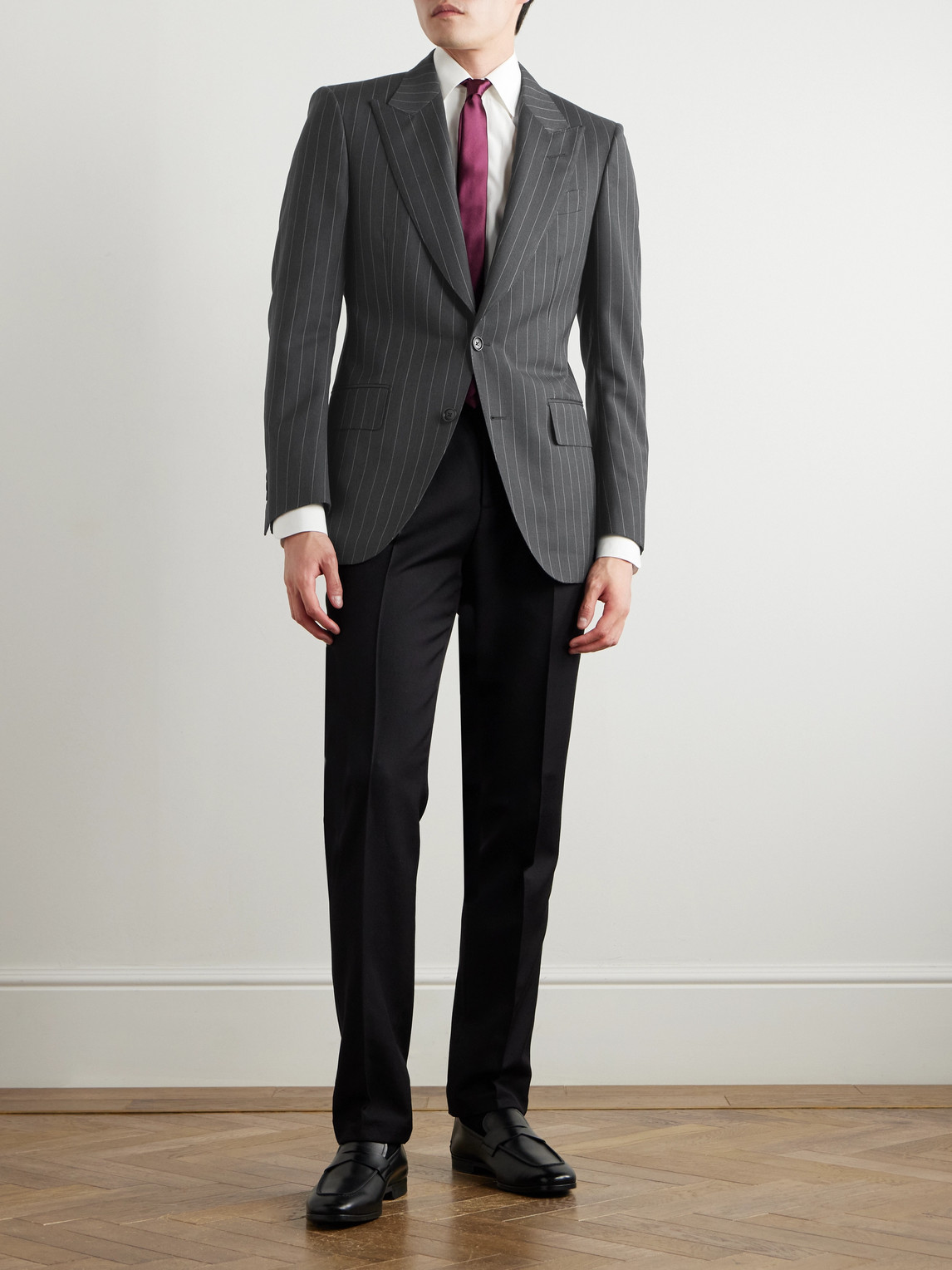 Tom Ford Slim-fit Pinstriped Wool And Mohair-blend Suit Jacket In Gray