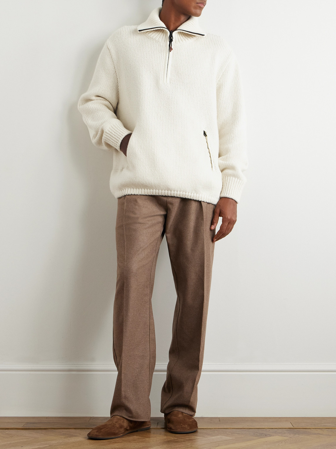 Loro Piana Alpe Di Mera Ripstop-trimmed Cashmere Half-zip Sweater In Neutrals