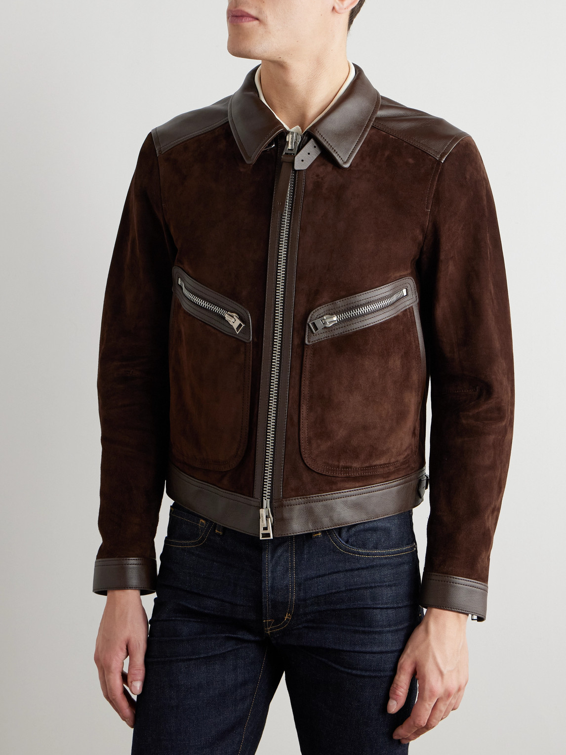 Tom Ford Slim-fit Leather-trimmed Suede Jacket In Brown