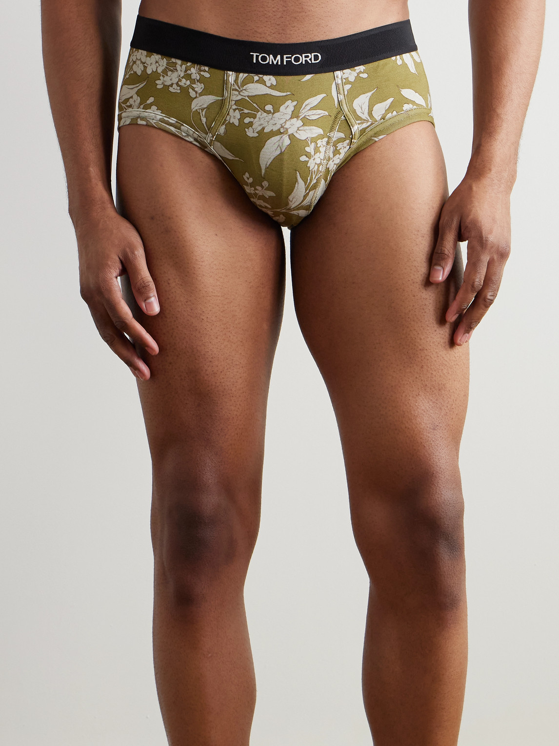 Tom Ford Floral-print Stretch-cotton Briefs In Green