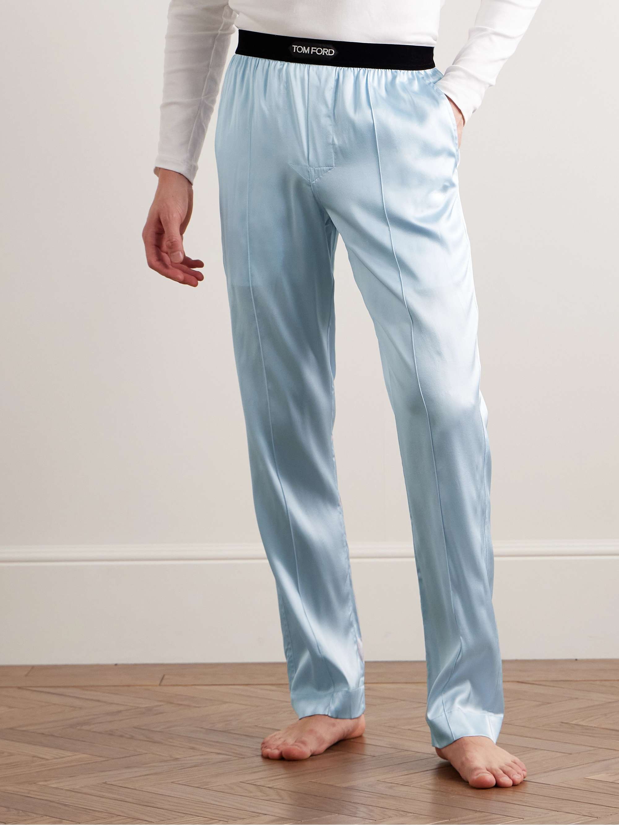 TOM FORD Pantaloni da pigiama in raso di seta stretch con finiture in velluto