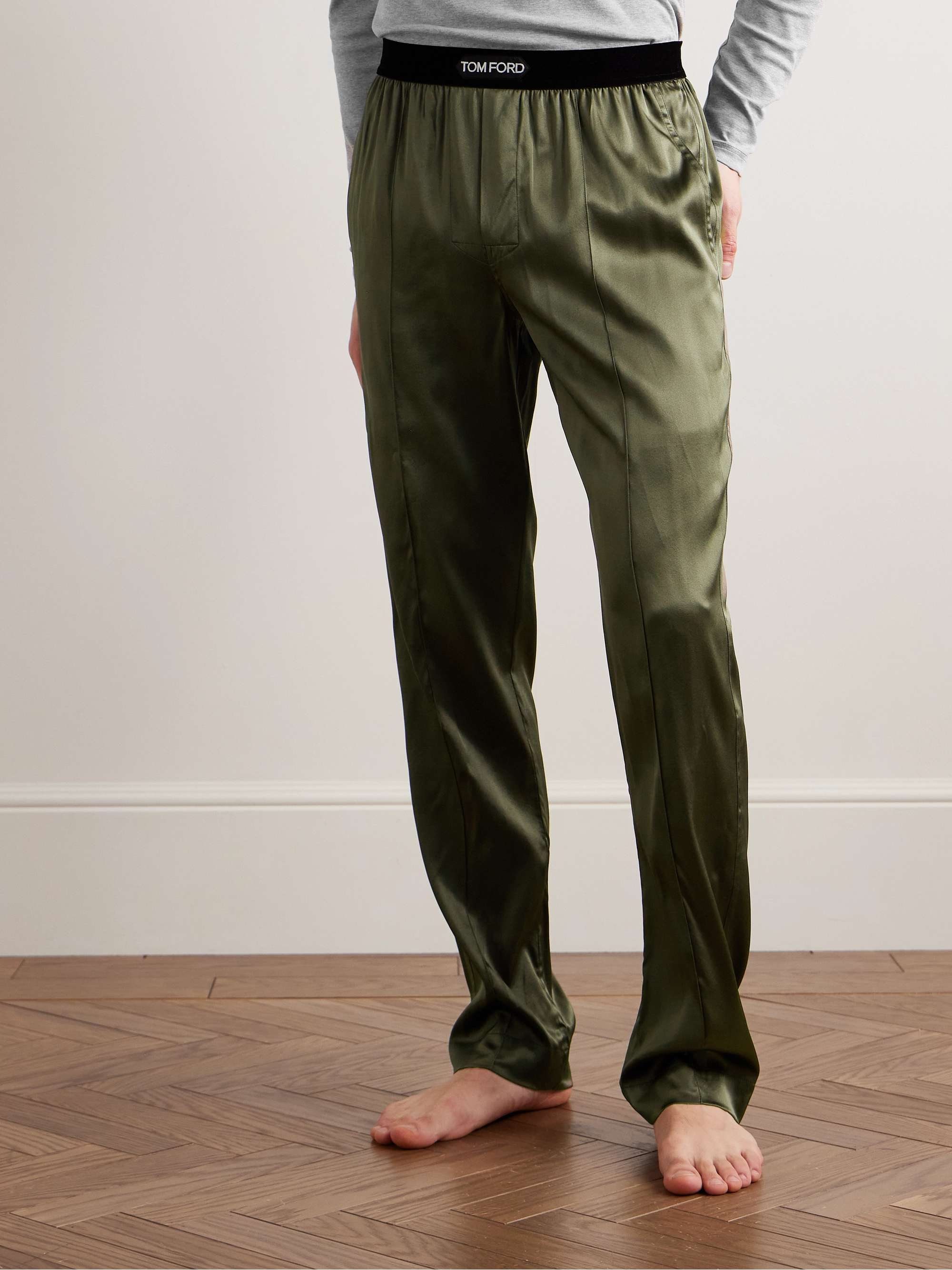 TOM FORD Pantaloni da pigiama in raso di seta stretch con finiture in velluto