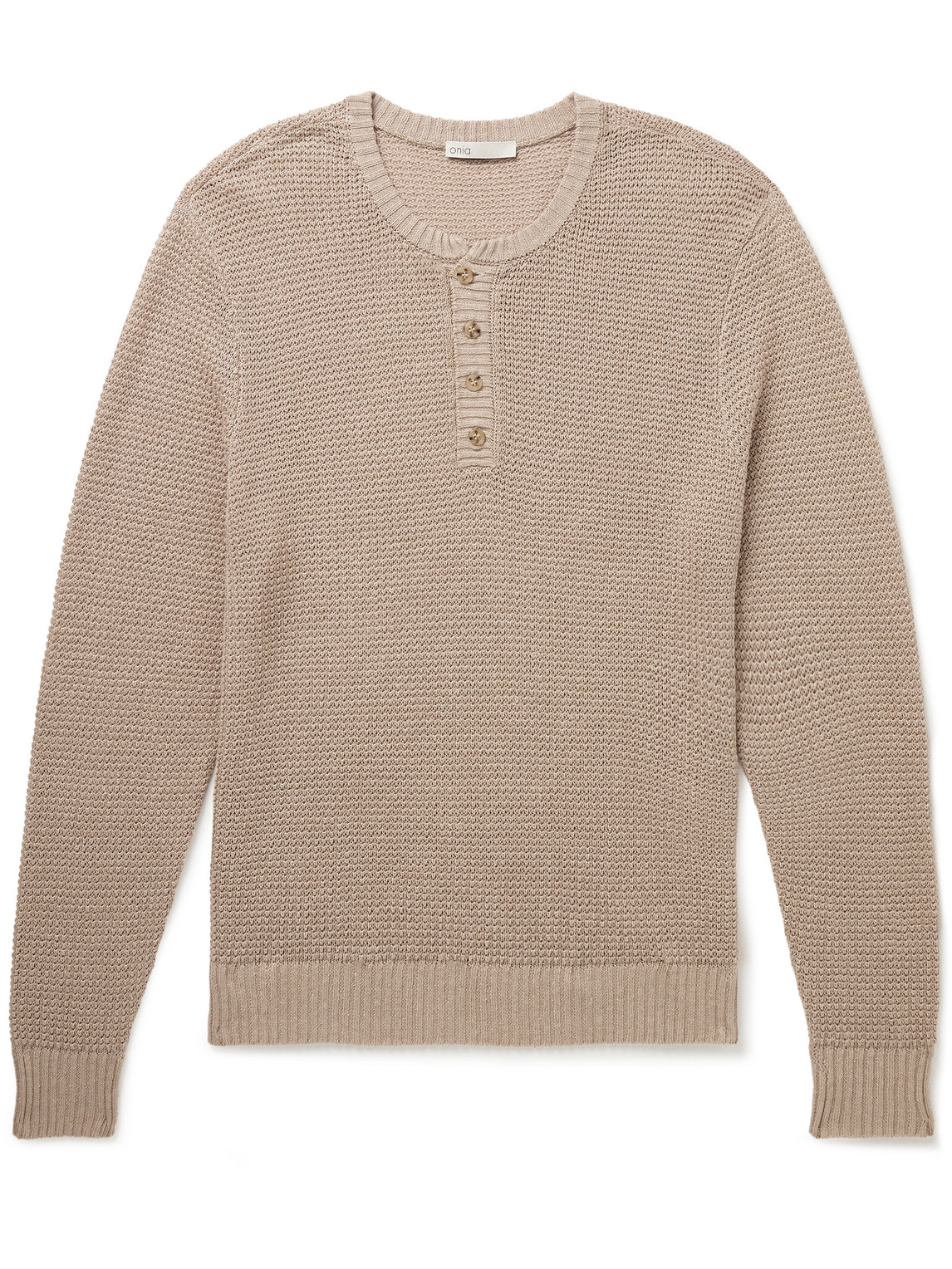 Waffle-Knit Linen Henley Sweater