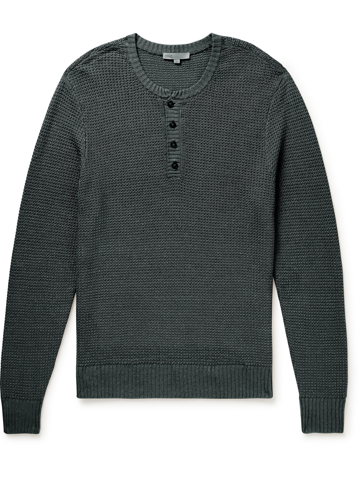Waffle-Knit Linen Henley Sweater