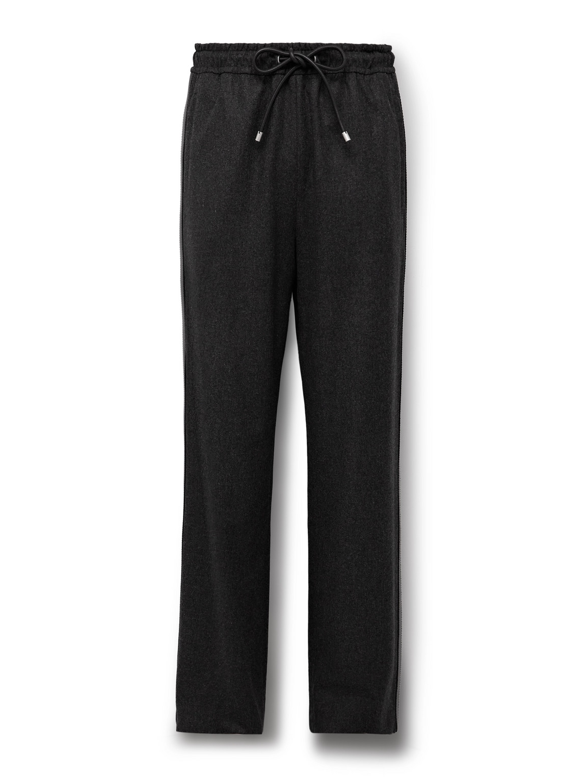 Straight-Leg Leather-Trimmed Wool and Cashmere-Blend Flannel Drawstring Trousers