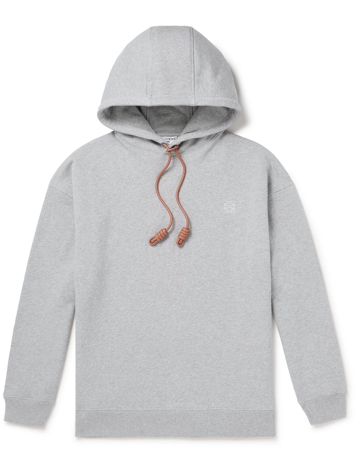 Loewe Logo-embroidered Leather-trimmed Cotton-jersey Hoodie In Gray