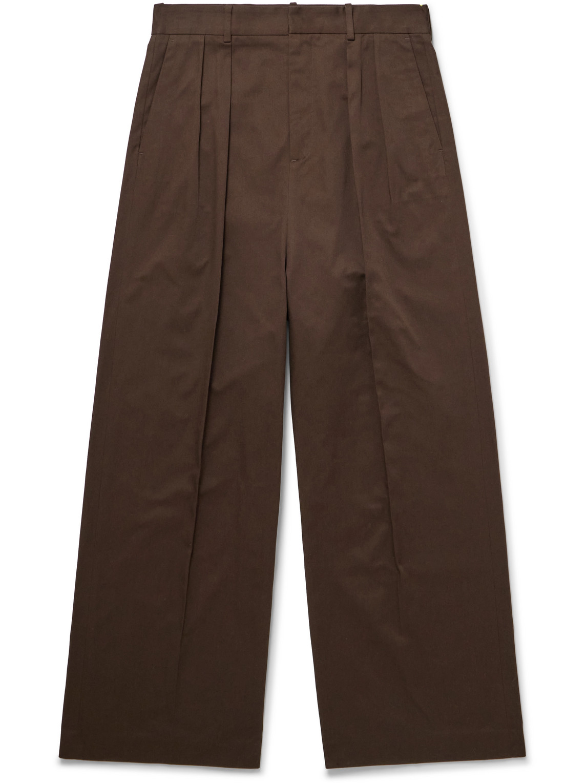 Straight-Leg Pleated Leather-Trimmed Cotton-Twill Trousers