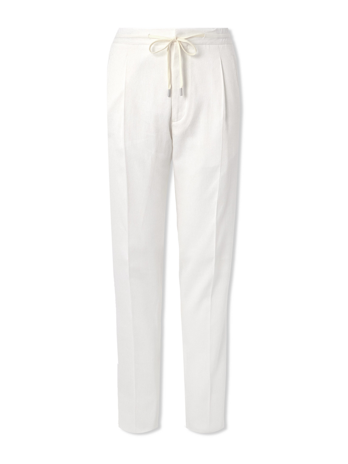 Straight-Leg Pleated Cotton-Blend Seersucker Drawstring Trousers