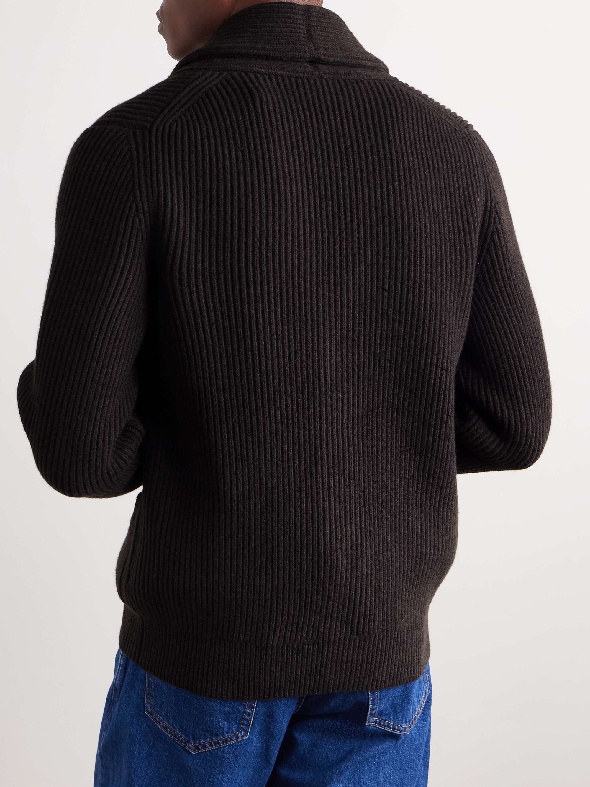 ANDERSON & SHEPPARD Shawl Collar Ribbed Wool and Cashmere-Blend Cardigan