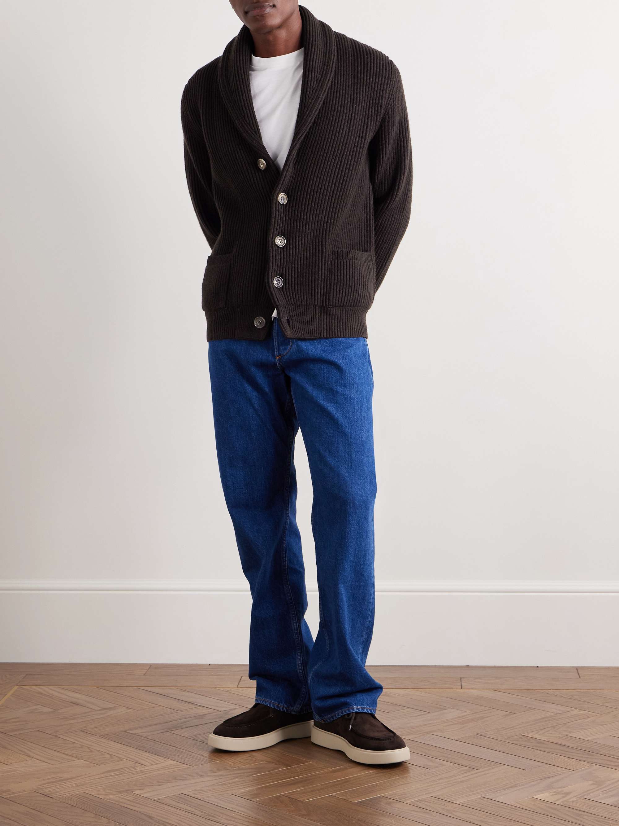 ANDERSON & SHEPPARD Shawl Collar Ribbed Wool and Cashmere-Blend Cardigan