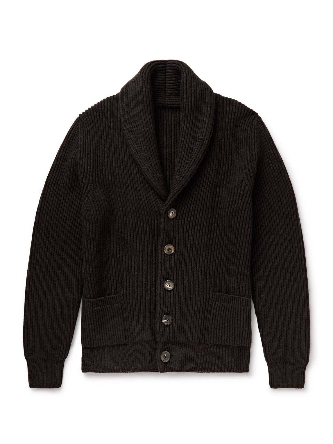 Anderson & Sheppard Shawl-collar Ribbed Wool And Cashmere-blend Cardigan In Brown